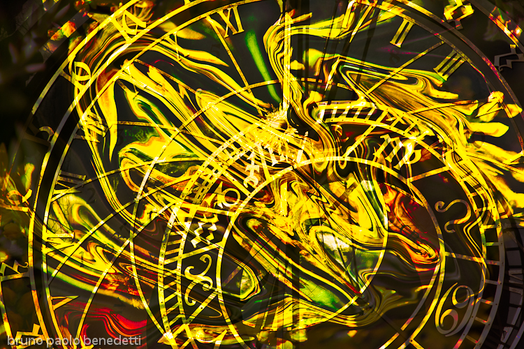 surreal clock with zodiac and astral signs with shades of yellow