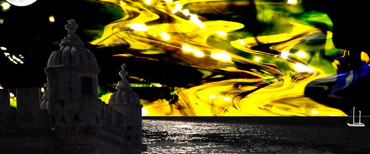 shining night surrealistic landscape with tower,sea,moon and lights in yellow sky