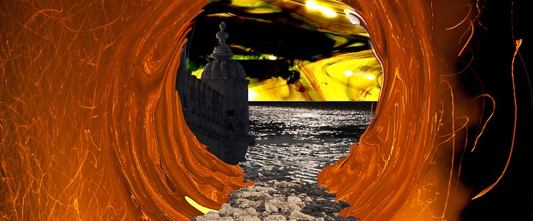 stone bridge takes to a vortex in fire storm with dream landscape beyond