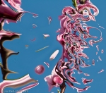 flying abstract pink petals on blue sky background