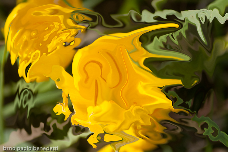 bright yellow fluid shapes with orange sketches