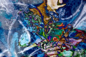 dominant blue object abstraction art: colorful mottled image with irregular shapes and forms