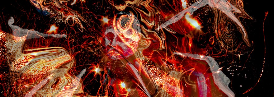 swirling fire universe: fire flame swirls and concentric shapes and central head on black background photography painting art