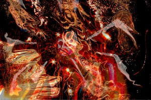 swirling fire universe: fire flame swirls and concentric shapes and central head on black background photography painting art