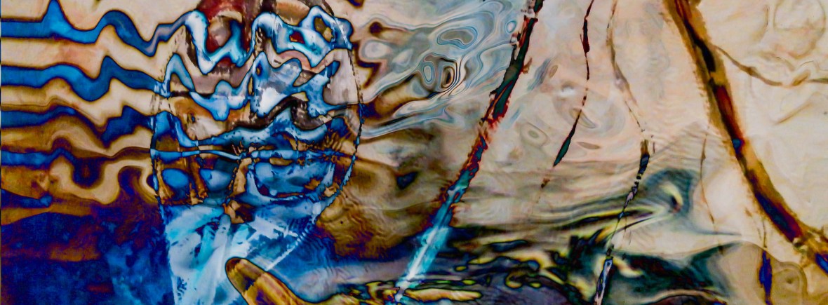 water dream abstraction image with fluid shapes, lines, waves and colors in blue and light brown tones fusion art