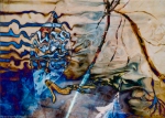 water dream abstraction image with fluid shapes, lines, waves and colors in blue and light brown tones fusion art