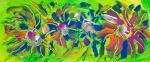 Abstract multicolored flowers image on green background with abstract flower shapes, bended lines and spots of color in green, blue, yellow, fuchsia, orange and white and colors, with nuances.
