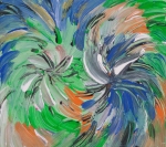 Fluid abstract dynamic image with energetic vortex movements in tones of orange, green, blue, black and white colors