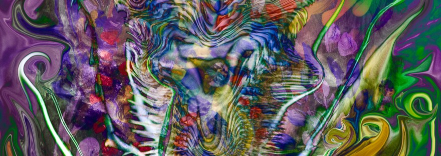 thorny flower abstract art: multicolored image with fluid forms and spiny central figure