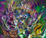 thorny flower abstract art: multicolored image with fluid forms and spiny central figure
