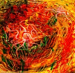 abstract dynamic art image with central white curving shape in dominant red and yellow tones