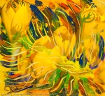 deep yellow flowers like abstract mottled image with fluid bended lines in dominant yellow tones.