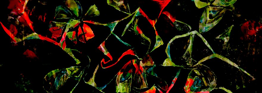 abstract image with floral green and red like flower shapes on black dappled background