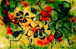 green and yellow abstract flowery meadow with red flowers and abstract floating flower shapes pattern