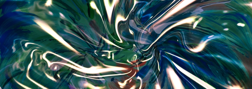 fluid shining vortex abstract art image in dominant blue and green colors with white converging shapes