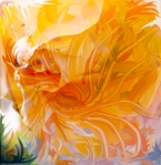 orange dreamy flower like abstract fusion art image in dominant orange color and yellow shades with fluid abstract shapes