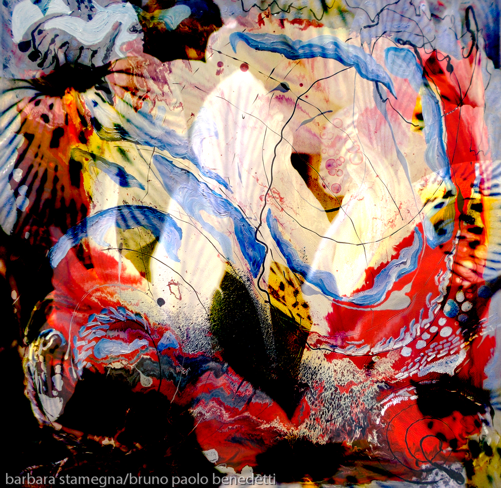 high contrast dynamic abstract art image with central luminous white shapes and bended lines