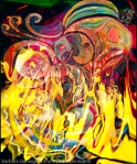 revealing fire abstract bright colors art image with yellow flames like shapes on multicolored background