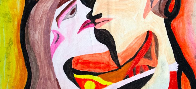 Abstract image a facing woman and man heads central figure in the act of wanting to kiss, with abstract round and bended shapes and geometric forms.