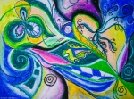 Abstract image with dynamic shapes and forms in movement, in dominant blue and green tones with swirls, circles and concentric shapes, with leaf and flower like shapes and with curved and geometric forms and curls and bended lines, in blue, green, yellow, black, white, pink and purple tones, with shades.