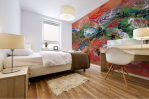 adhesive mural print with abstrat orange color on bedroom wall