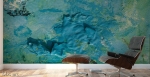 abstract blue sea sink hole with green,yellow and white streaks, adhesive mural print on a studio wall