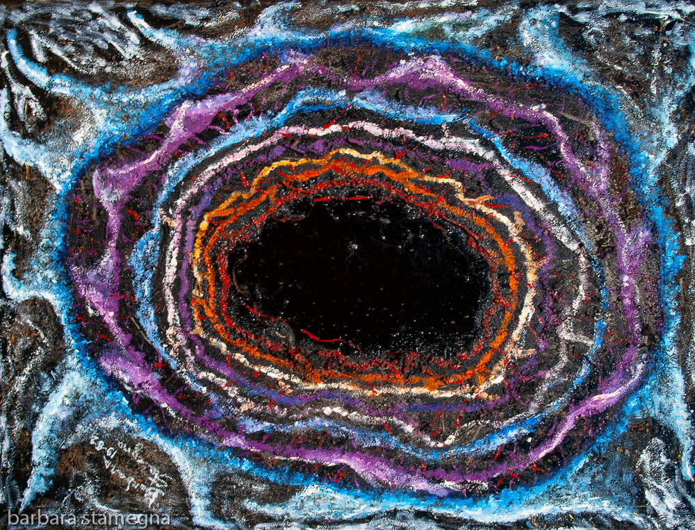 White, blue, orange, red, purple tones roundish irregular concentric shapes with a central black hole like figure on black enamel rough texture background, with nuances