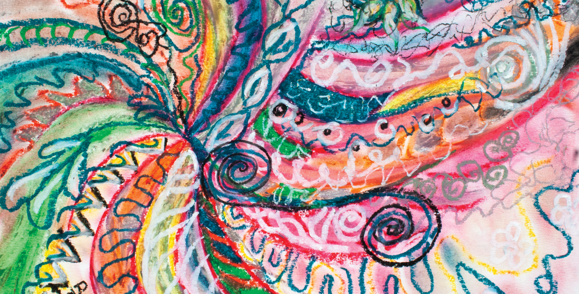 abstract concentric nature creation in tones of pink,blue,green,orange,black and white with curls and shapes of nature