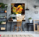 canvas print with yellow flower and green floating shapes