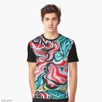 xmas colors graphic t-shirt for man with Christmas colors abstract image in tones of red green, white, black and yellow with curls and curved shapes