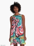 xmas design A line woman dress with Christmas colors abstract image in tones of red green, white, black and yellow