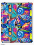iPad case skin with abstract dynamic pattern of geometric and round shapes and curls, in tones of blue, fuchsia, orange, white, black, light green and yellow