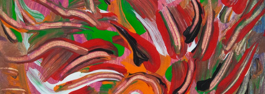 Flaming vortex like abstract image with converging lines of fluid colors in tones of orange, red, pink, green, brown, black and white colors.