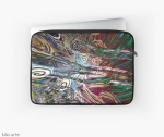 laptop sleeve with abstract fluid energetic flow design with concentric shapes in tones of white, brown, pink, light blue, green and black