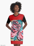 graphic t shirt dress with Christmas colors abstract image in tones of red green, white, black and yellow
